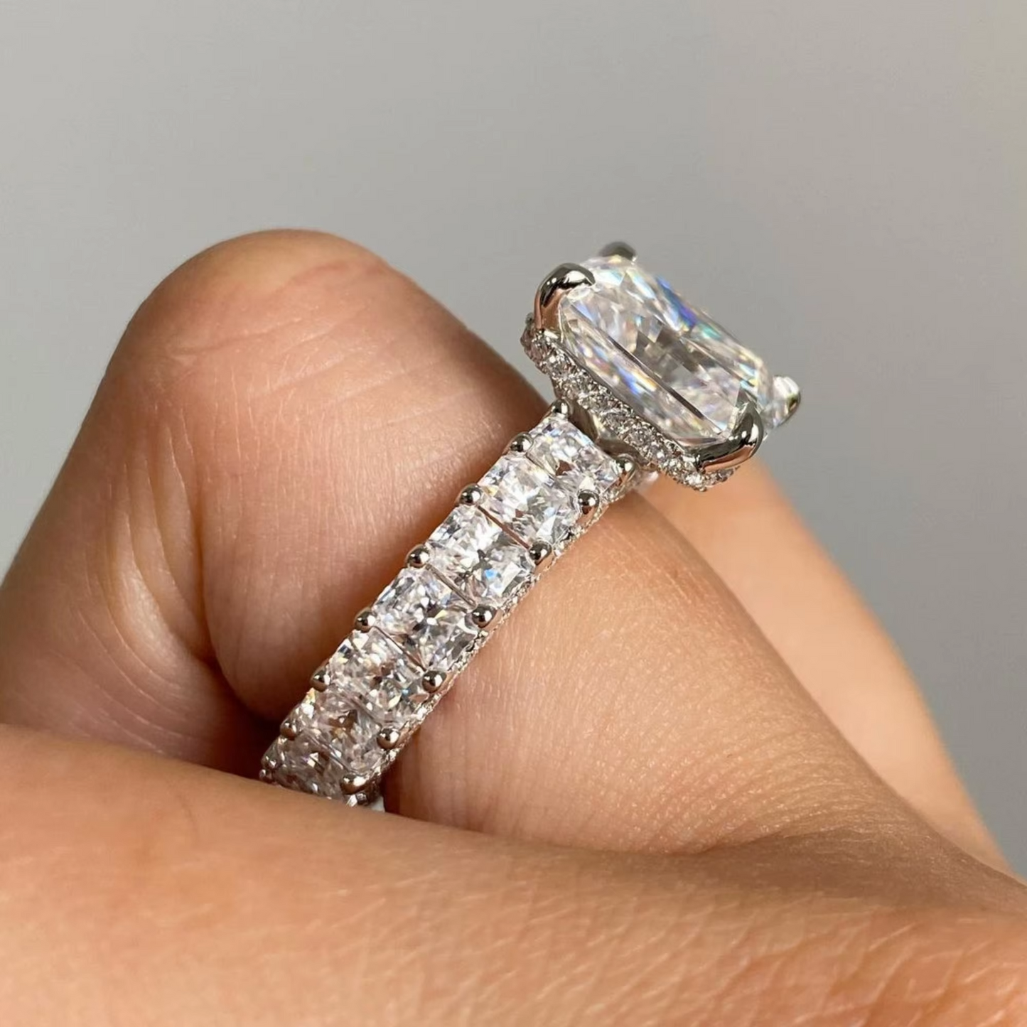 5.00 Carat Emerald Cut Lab-Grown Diamond Ring | IGI Certified E-VS1 | Pavé Set | 14K White Gold