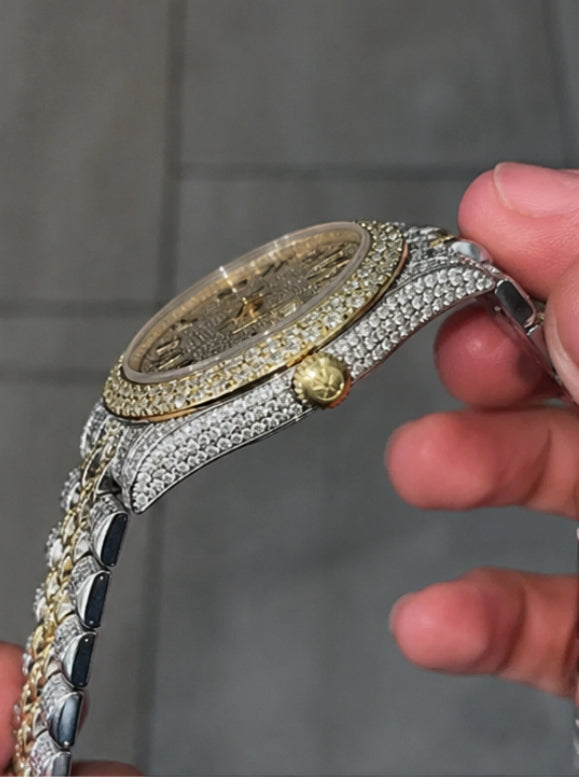 Iced out two tone gold watch