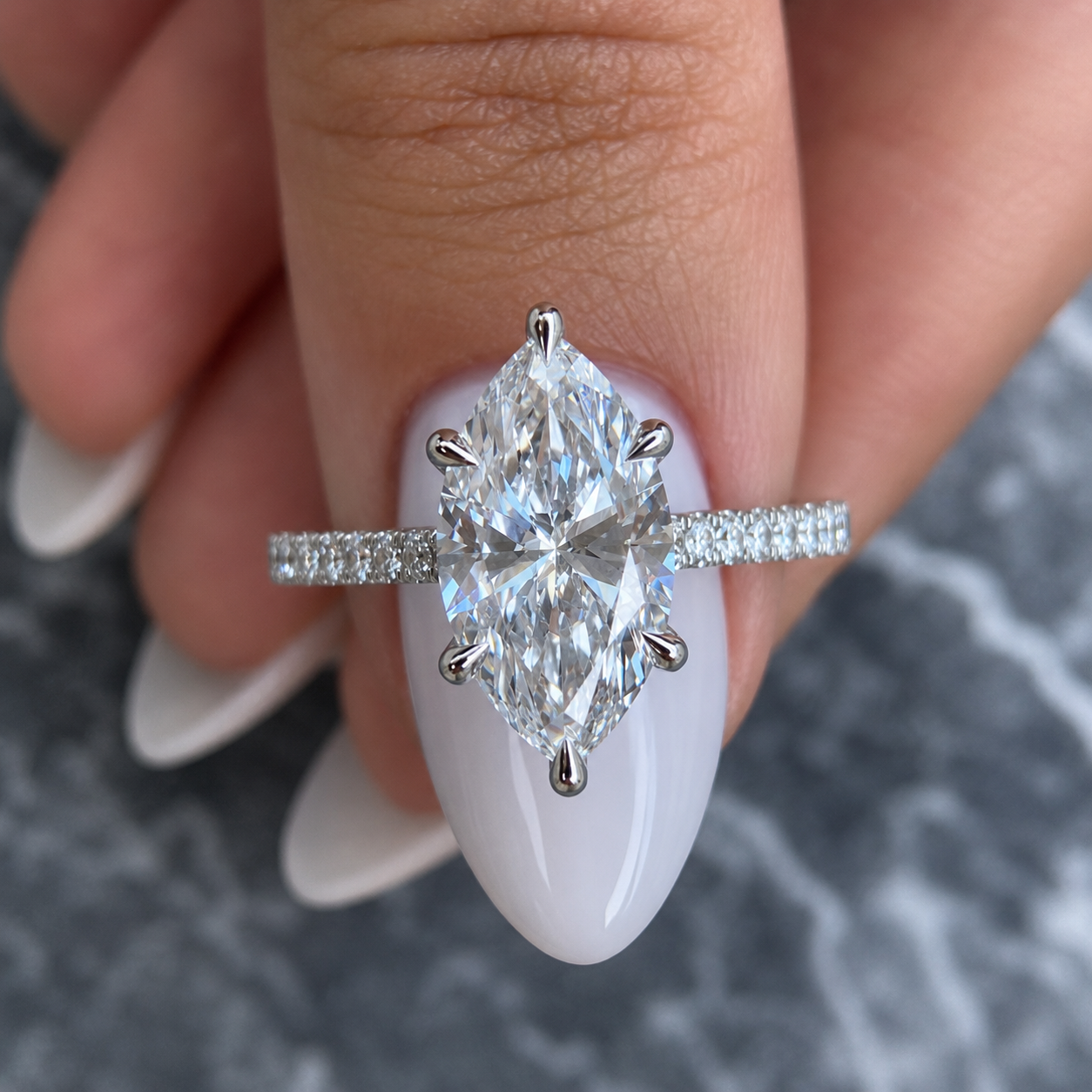 3.50 Carat Marquise Cut Lab-Grown Diamond Engagement Ring | IGI Certified E-VS1 | 14K White Gold Pavé Set