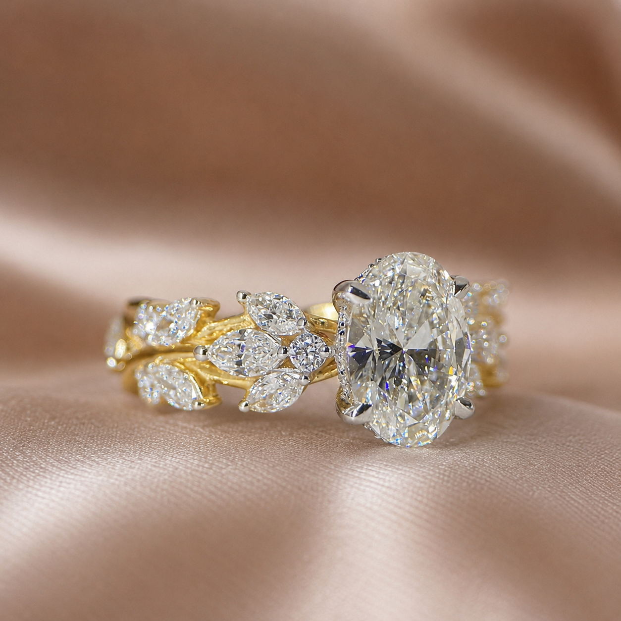 Oval Lab Diamond Engagement Ring – Six Claw Floral Setting