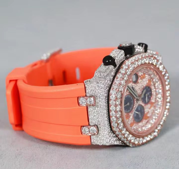 Inferno Moissanite Watch | Orange & Black Strap Options | 41mm Automatic