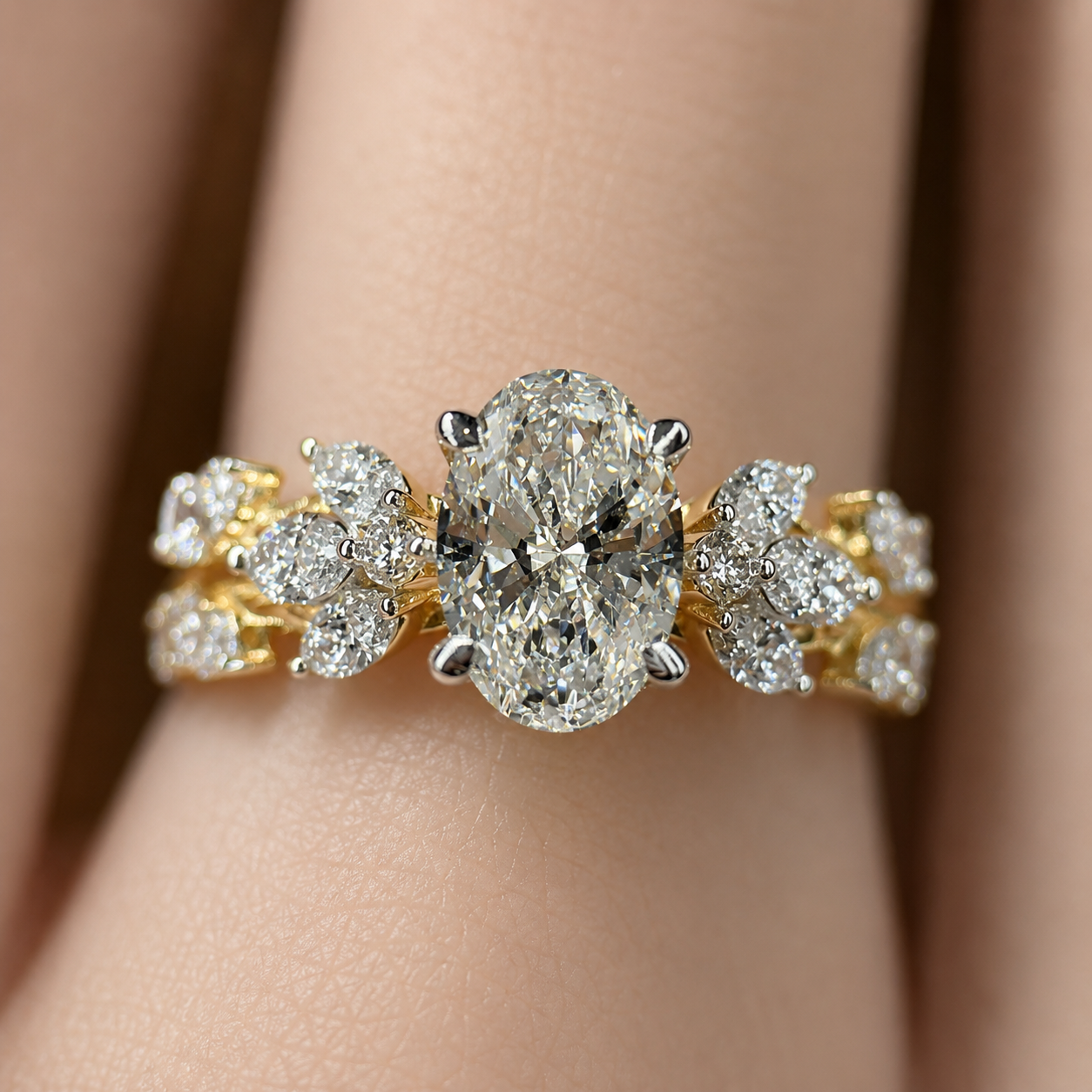 Oval Lab Diamond Engagement Ring – Six Claw Floral Setting