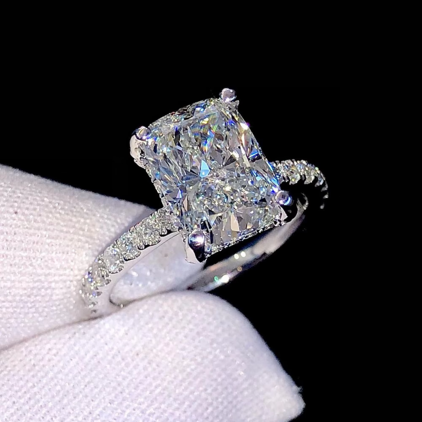 3.25 Carat Radiant Cut Lab-Grown Diamond Engagement Ring | IGI Certified E-VS1 | Pavé Set | 14K White Gold