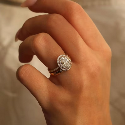 2.50 Carat Oval Cut Lab-Grown Diamond Ring | IGI Certified F-VS1 | Double Halo | 14K Yellow Gold