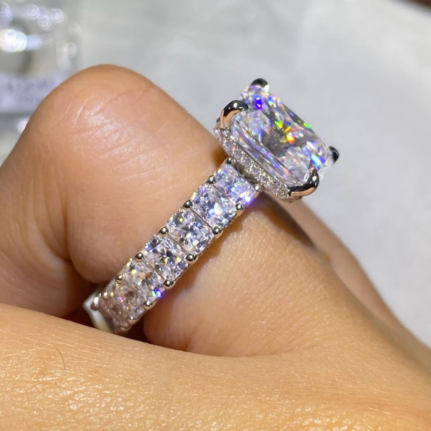 5.00 Carat Emerald Cut Lab-Grown Diamond Ring | IGI Certified E-VS1 | Pavé Set | 14K White Gold