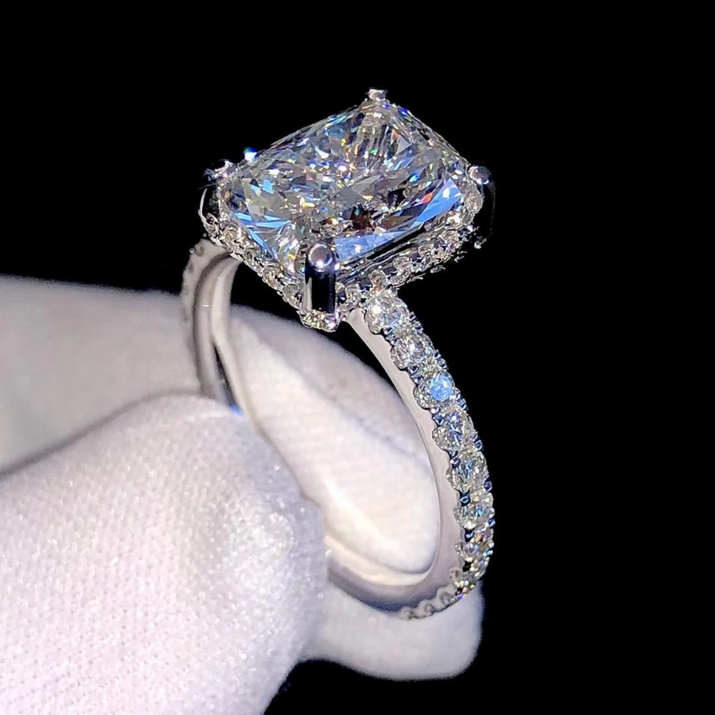 3.25 Carat Radiant Cut Lab-Grown Diamond Engagement Ring | IGI Certified E-VS1 | Pavé Set | 14K White Gold