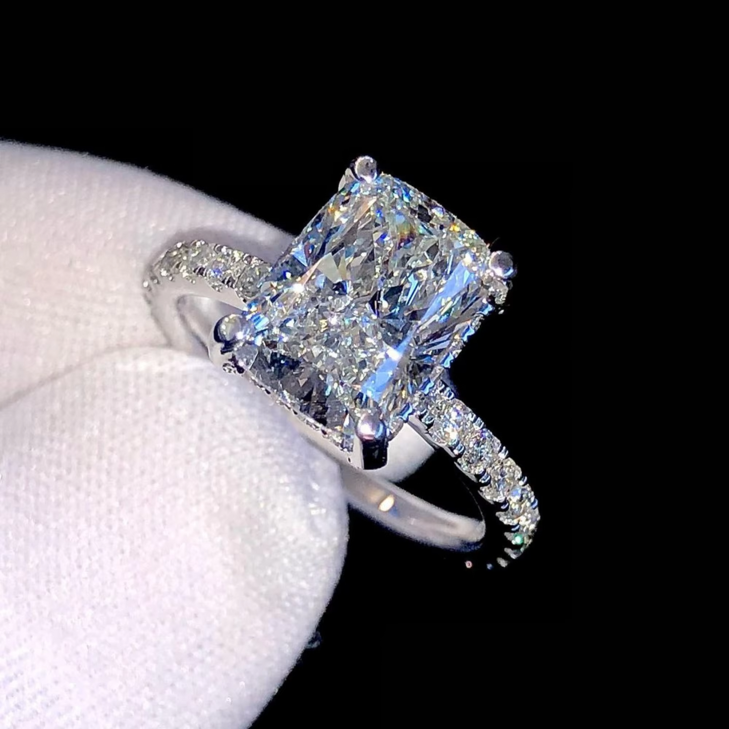 3.25 Carat Radiant Cut Lab-Grown Diamond Engagement Ring | IGI Certified E-VS1 | Pavé Set | 14K White Gold