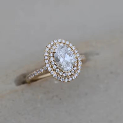 2.50 Carat Oval Cut Lab-Grown Diamond Ring | IGI Certified F-VS1 | Double Halo | 14K Yellow Gold