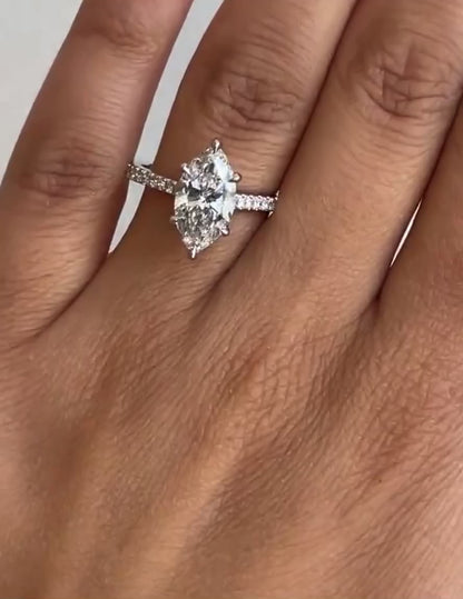 3.50 Carat Marquise Cut Lab-Grown Diamond Engagement Ring | IGI Certified E-VS1 | 14K White Gold Pavé Set